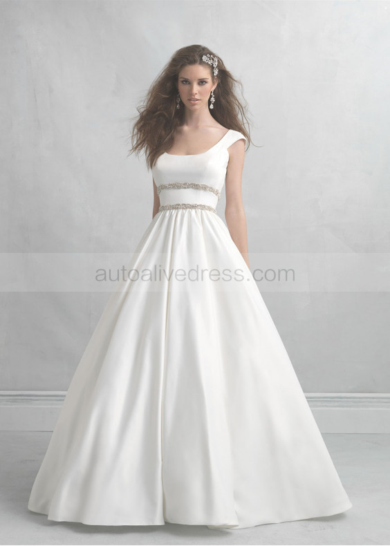 Ivory Satin Scoop Neckline Cap Sleeves V Back Beaded Wedding Dress